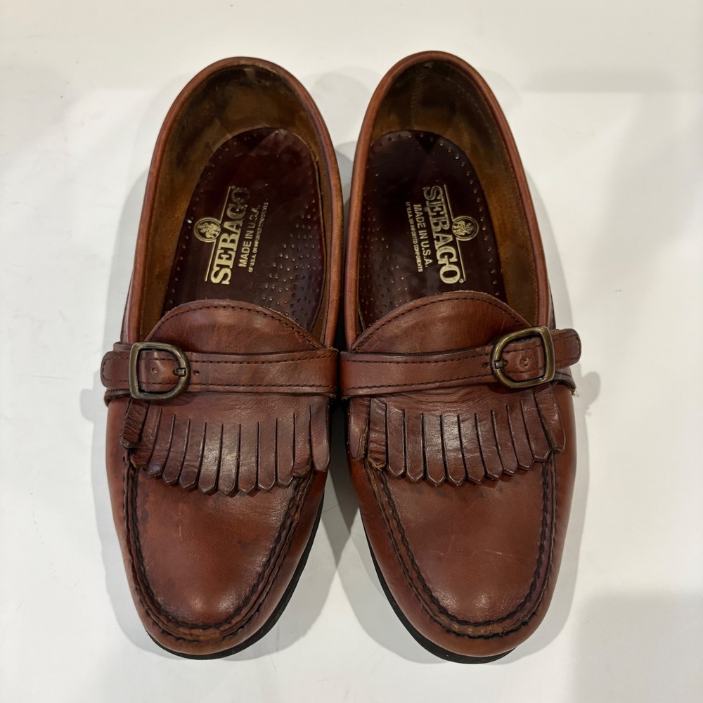Sebago Vintage USA Brown Leather Kiltie Buckle Loafers Vibram Gumlite Size 9